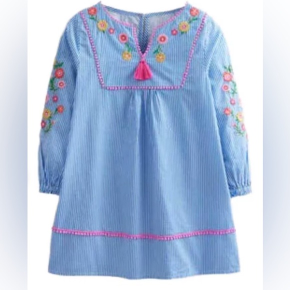 Mini Boden Girls' Striped Floral Embroidered Kaftan in Blue MIx EUC Tunic/Dress - Picture 2 of 16